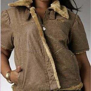 NEW DEREON  Short Sleeve Aviator BROWN TAN Fur leather Jacket 3X PLUS 22 24 *